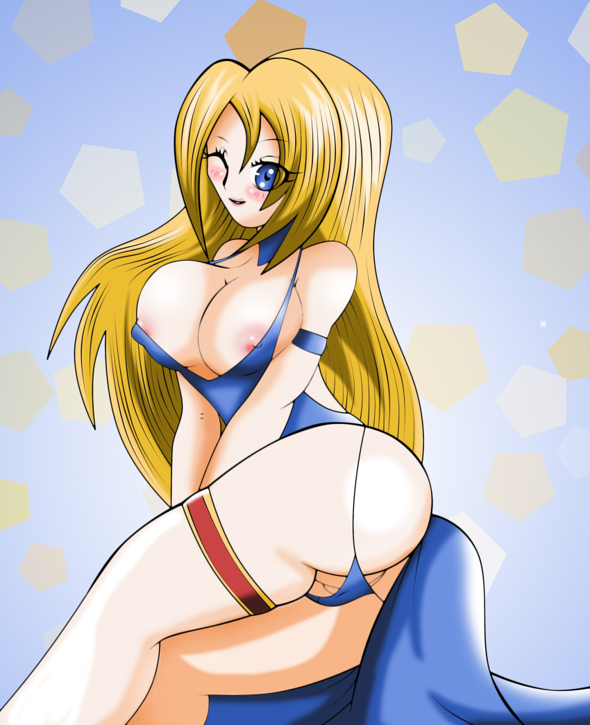 areola_slip areolae armband blonde_hair blush bonne_jenet dress eyelashes female huge_breasts king_of_fighters long_hair lucky-jj solo thigh_strap wink