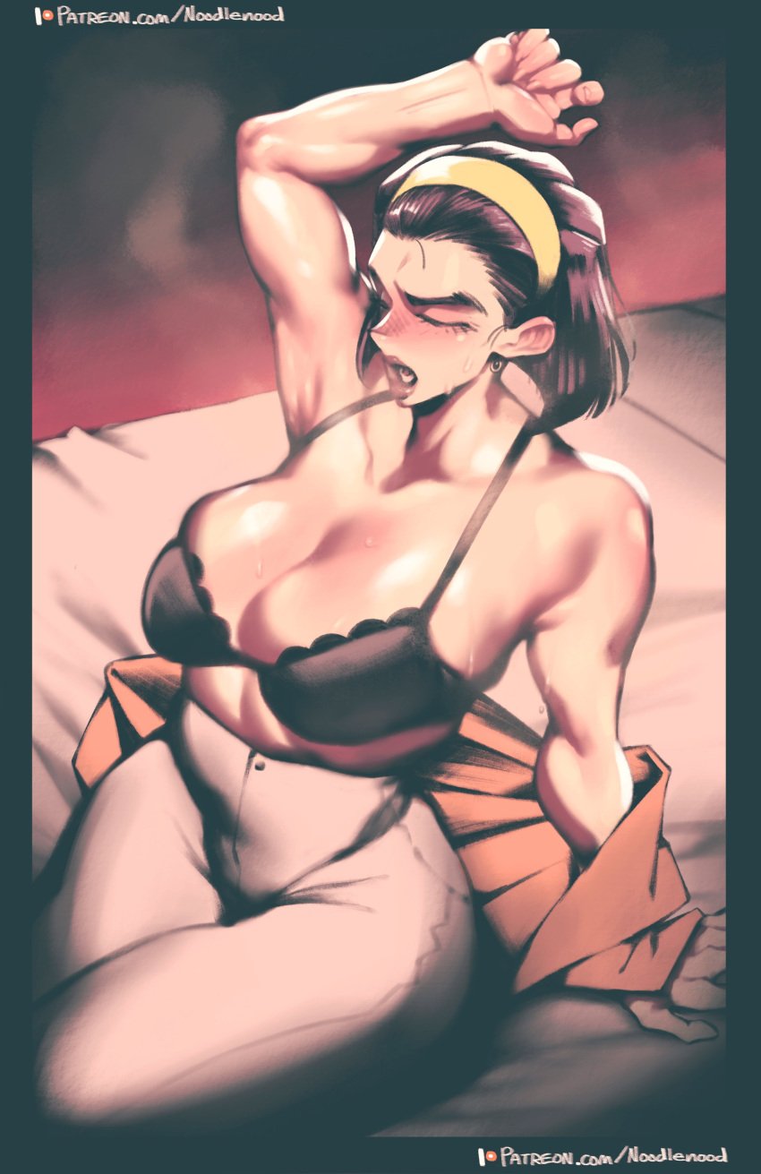 1girls arm_up armpit armpit_sweat armpits aroodnoodle asian asian_female bare_shoulders big_breasts black_hair bow bra breasts busty child_bearing_hips dark_hair diamond_is_unbreakable english_text female female_only hair_bow hips horny huge_breasts jojo's_bizarre_adventure large_breasts light-skinned_female light_skin milf mom mommy mother noodlenood older_female shirt_off shounen_jump sweat sweating sweaty tagme text thick thick_thighs tomoko_higashikata wide_hips