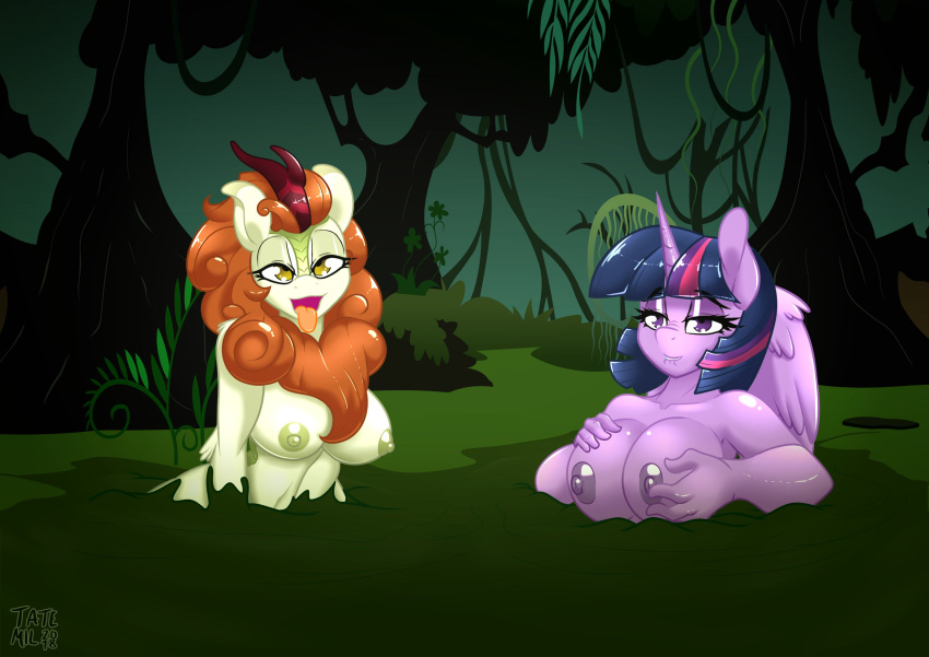 2girls big_breasts breasts female green_skin horn my_little_pony orange_hair purple_eyes purple_hair quicksand sinking swamp tatemil twilight_sparkle_(mlp) wings yellow_eyes