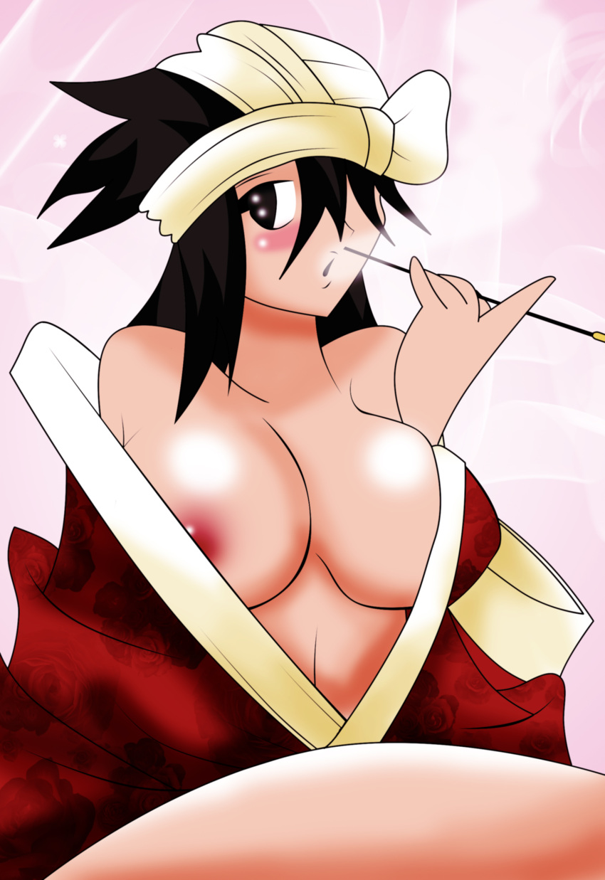 black_hair bleach blue_eyes breasts female huge_breasts japanese_clothes kiseru kukaku_shiba long_hair lucky-jj smoking solo