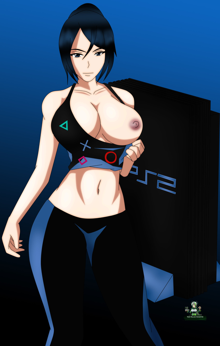 1girls blue_background blue_eyes blue_hair console console-tan crop_top curvy_female facing_viewer flashing_breasts gradient_background looking_at_viewer midriff nipples noir-black-shooter playstation playstation_2 ps2-tan self_exposure simple_background skirt solo standing tank_top yoga_pants