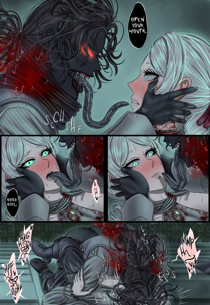 1boy 1girls bite_mark blood bloodborne boots breasts_out captured captured_heroine clothed clothed_sex comic dark-skinned_male dark_hair dark_skin defeated defeated_heroine doujinshi embarrassed extreme_french_kiss female_human femsub forced forced_kiss fromsoftware fucked_silly gloves head_grab heart-shaped_pupils human hunter_(bloodborne) iiimp interspecies kissing kissing_while_penetrated lady_maria_of_the_astral_clocktower light-skinned_female long_hair long_tongue looking_pleasured maledom mature_female mind_break missionary_position monster_rape multi_eye on_back pale-skinned_female pale_skin pinned_down ponytail rape red_eyes restrained ripped_clothes ripped_clothing saliva saliva_on_tongue saliva_trail sex sex_slave spread_legs sweat sweating sweaty teratophilia thigh_boots torn_clothes torn_clothing vaginal_penetration vest white_eyes white_hair