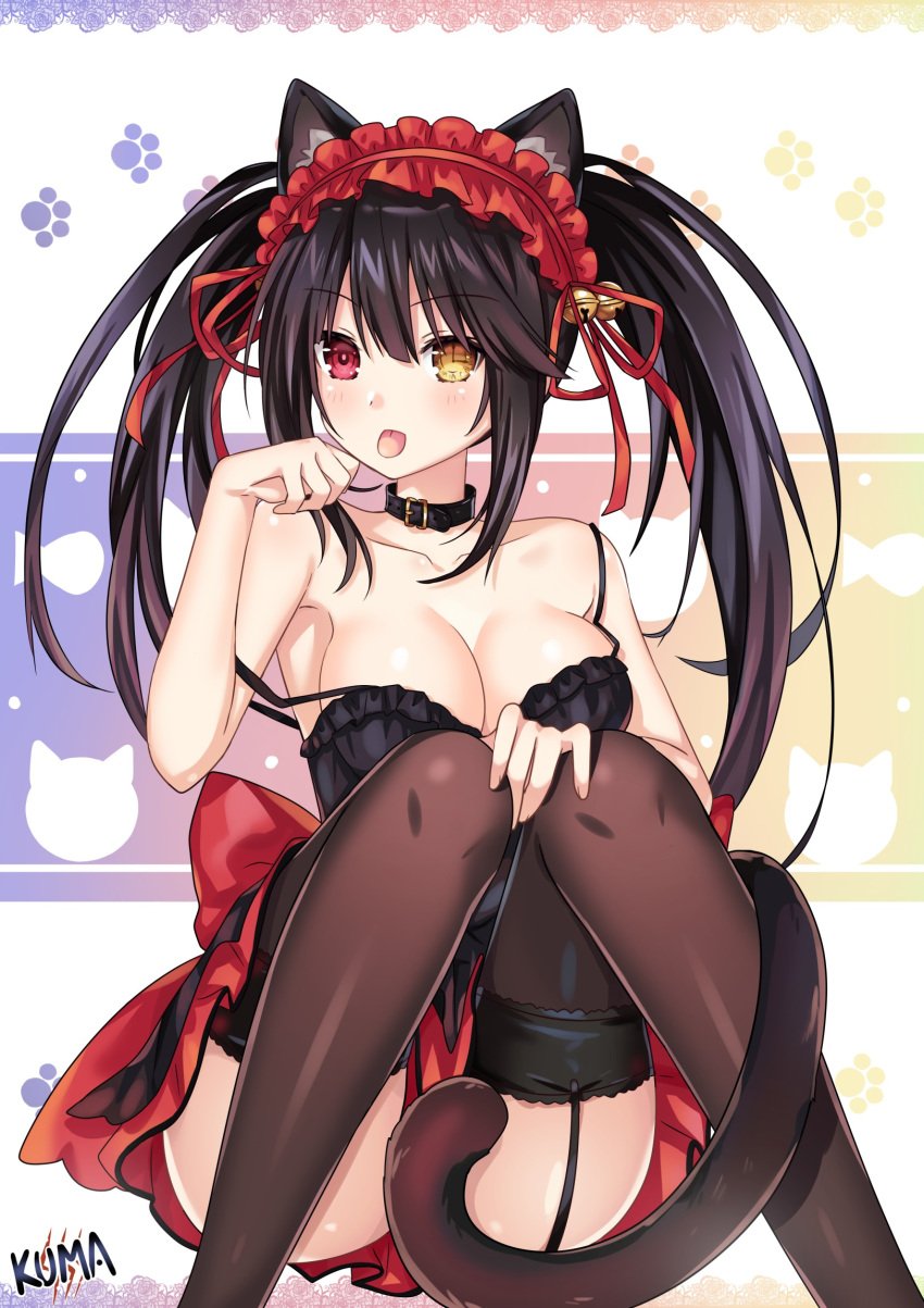 bare_shoulders black_hair blush breasts cat_ears cat_tail cleavage clock_eye collar date_a_live dress eyebrows_visible_through_hair garter_straps hair_between_eyes hairband hand_on_own_knee hand_to_own_mouth heterochromia knees_together_feet_apart lewdkuma lolita_hairband long_hair looking_at_viewer paw_pose red_eye spaghetti_strap strap_slip tail_censor thighhighs tokisaki_kurumi tongue tongue_out twintails upskirt