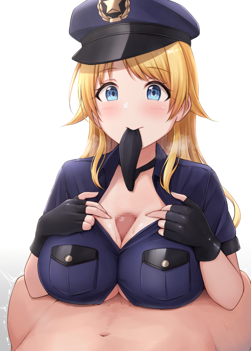 1boy bangs black_gloves blonde_hair blue_eyes blue_shirt blush breasts breath censored collarbone eyebrows_visible_through_hair female fingerless_gloves gloves hachimiya_meguru hat highres idolmaster idolmaster_shiny_colors kata2yama large_breasts long_hair mosaic_censoring mouth_hold necktie paizuri paizuri_under_clothes peaked_cap penis police police_uniform policewoman shirt straight sweat swept_bangs trembling uniform