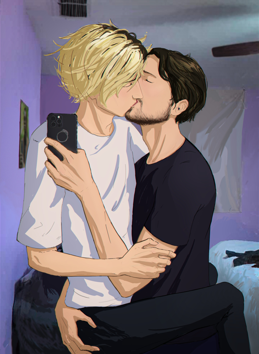 2boys anorexia ass_grab blonde_hair forsen gay hi_res indoors juice kissing meme selfie twink twitch xqc yaoi