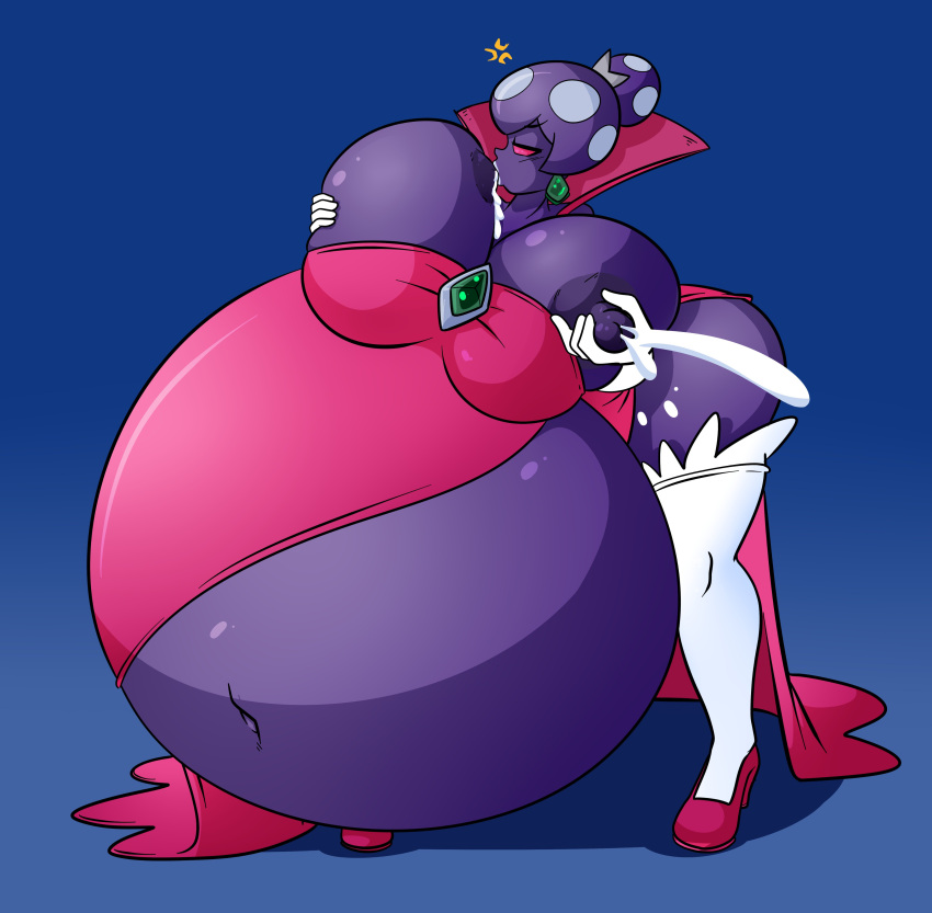 1girls alien alien_girl alien_humanoid anthro belly belly_button big_belly big_breasts breastfeeding_self breasts crown dahs dress drinking_own_milk female huge_belly huge_breasts hyper_pregnancy inflation lactation mario_(series) mario_and_luigi:_partners_in_time mario_and_luigi_(series) nintendo nipples pink_dress pregnant princess_shroob purple_skin self_breast_sucking silver_crown solo solo_female stockings white_stockings