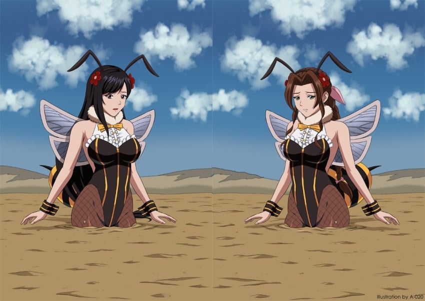 2girls a-020 aerith_gainsborough alternate_costume bee bee_costume bee_girl final_fantasy final_fantasy_vii original_at_source quicksand sinking tagme third-party_edit tifa_lockhart