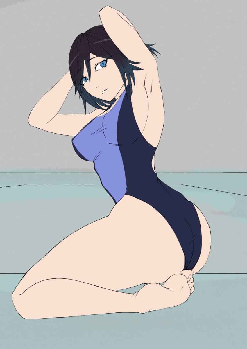 1girls armpits arms_behind_head arms_up black_hair blue_eyes blue_hair el_diario_de_jonathan female haikon_knight on_knees selene_(eddj) short_hair solo solo_female swimsuit two_tone_hair