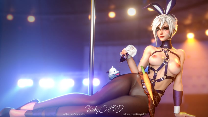 1girls 3d breasts brown_eyes bunny_ears bunnysuit buttplug buttplug_tail carrot exposed_breasts fake_animal_ears female female_only harness human imminent_anal_insertion kinkycat3d kinkykatt3d league_of_legends looking_at_viewer medium_breasts nipples pantyhose pinup pussy riven see-through see-through_clothing sex_toy short_hair silver_hair stripper stripper_pole