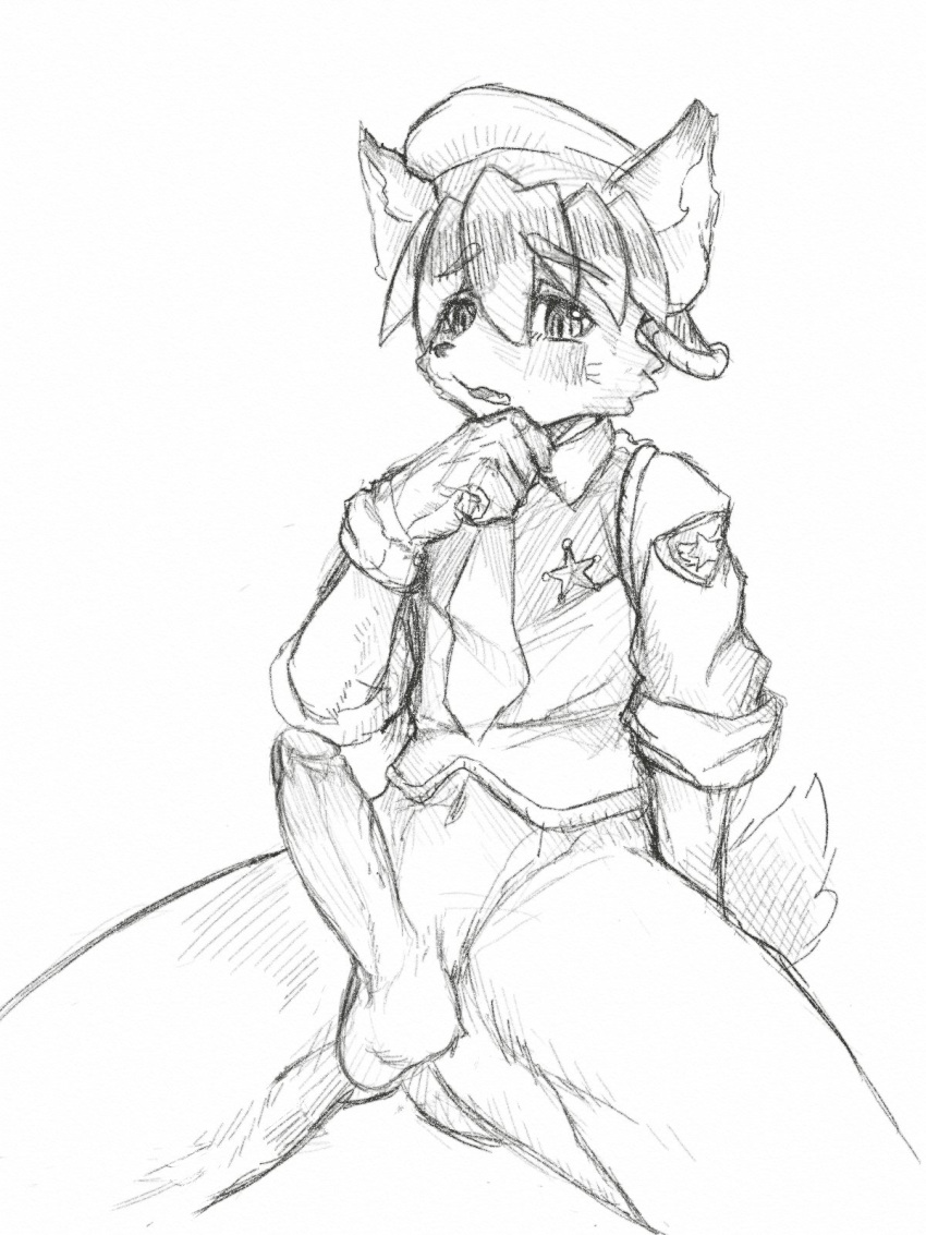 anthro big_penis blush bottomless canid canine canis clothed clothing cyberconnect2 domestic_dog embarrassed erection genitals hi_res kemono little_tail_bronx male male_only mammal penis police_officer police_uniform solo stiggler tail_concerto uniform video_games waffle_ryebread