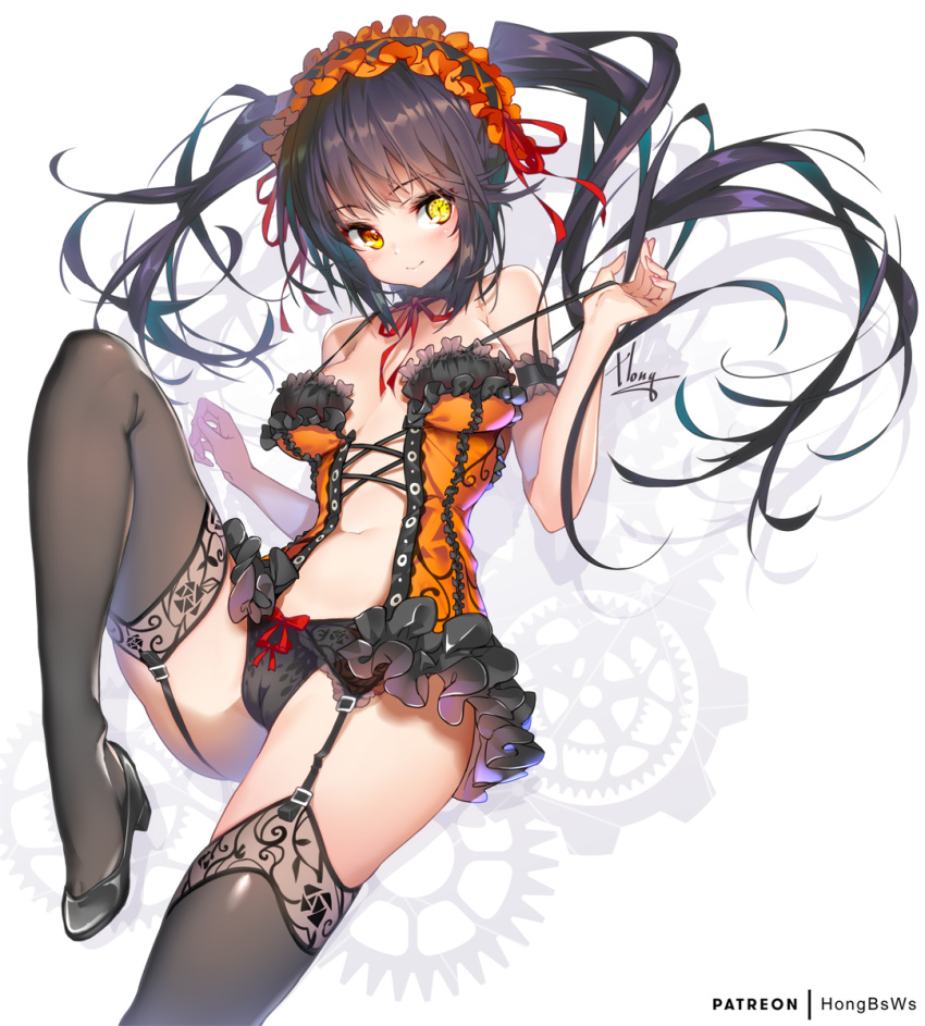 bare_shoulders belly_button black_hair black_panties blush breasts cameltoe cleavage clock_eye date_a_live dress eyebrows_visible_through_hair eyelashes_visible_through_hair frills garter_belt garter_straps hairband heterochromia hong_(white_spider) lolita_fashion lolita_hairband long_hair looking_at_viewer panties red_eye ribbons smile thighhighs tokisaki_kurumi twintails