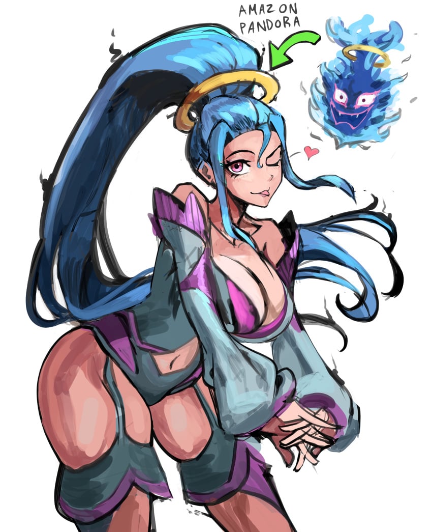 4chan amazon_pandora big_breasts blue_hair cleavage edit english_text female female_only goddess heart inviting kid_icarus kid_icarus_uprising licking_lips looking_at_viewer navel navel_cutout nintendo ponytail saiykik skimpy_armor solo solo_focus tagme thick thick_thighs tight_clothing tongue_out voluptuous white_background wide_hips wink