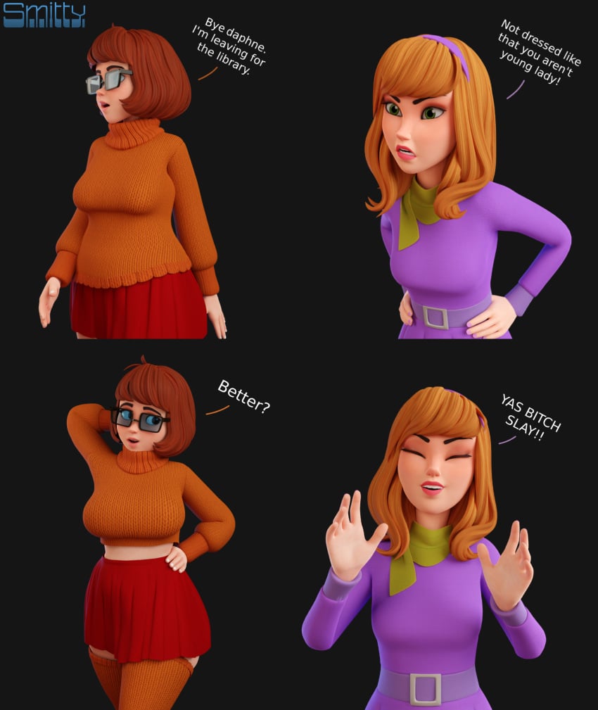 2girls 3d 3d_(artwork) big_breasts blender_(software) bottom_heavy breasts brown_hair brunette busty canine caucasian caucasian_female curvaceous curvy curvy_figure daphne_blake digital_media_(artwork) drake_meme eyebrows eyelashes eyes female female_focus female_only glasses hair hanna-barbera hips hourglass_figure huge_breasts human large_breasts legs light-skinned_female light_skin lips meme midriff nerd nerdy_female red_hair scooby-doo short_hair skirt smitty34 sweater text thick thick_legs thick_thighs thighhighs thighs top_heavy upper_body velma_dinkley voluptuous waist wide_hips