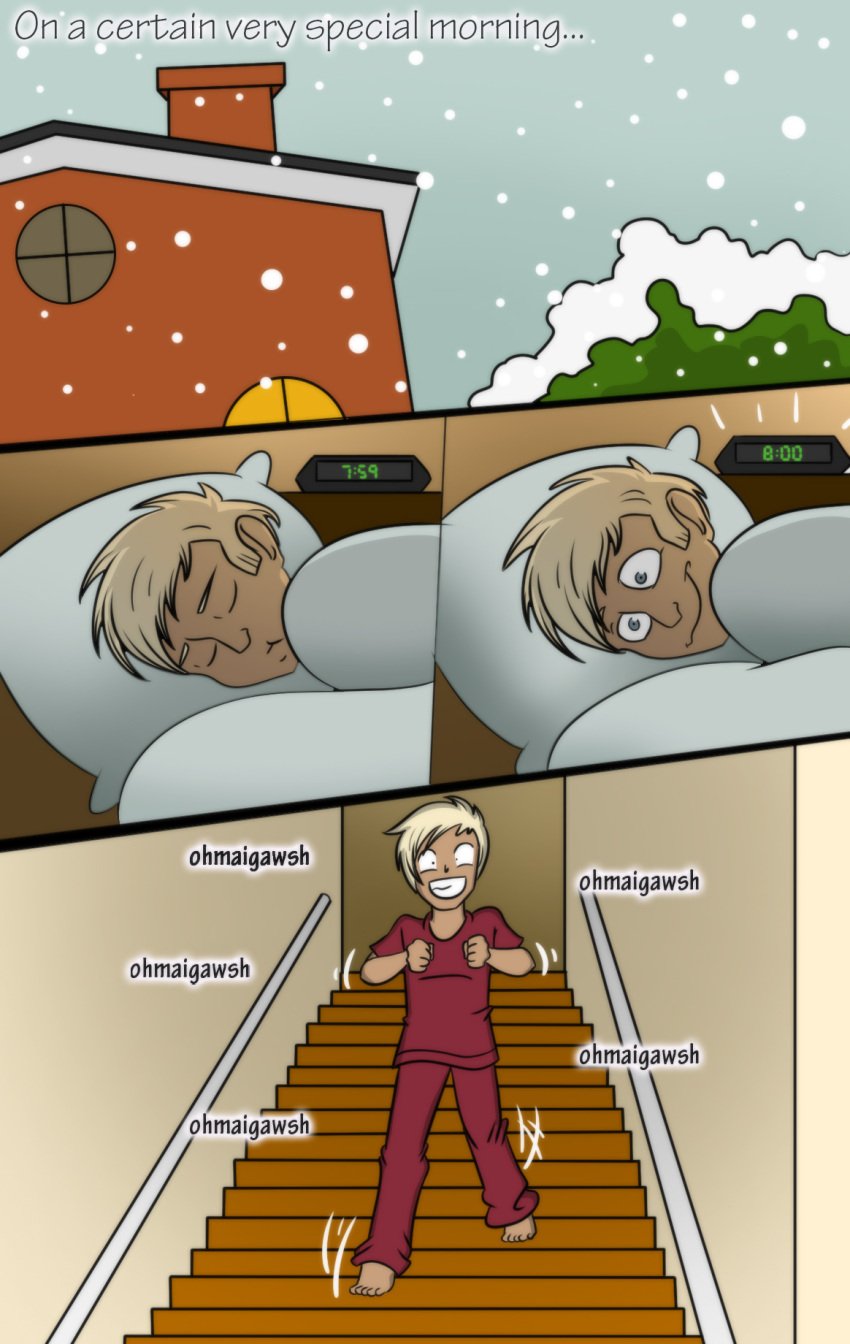 bleached_blonde_hair christmas comic comic_page dark_skin happy pajamas snowing text tfsubmissions waking_up