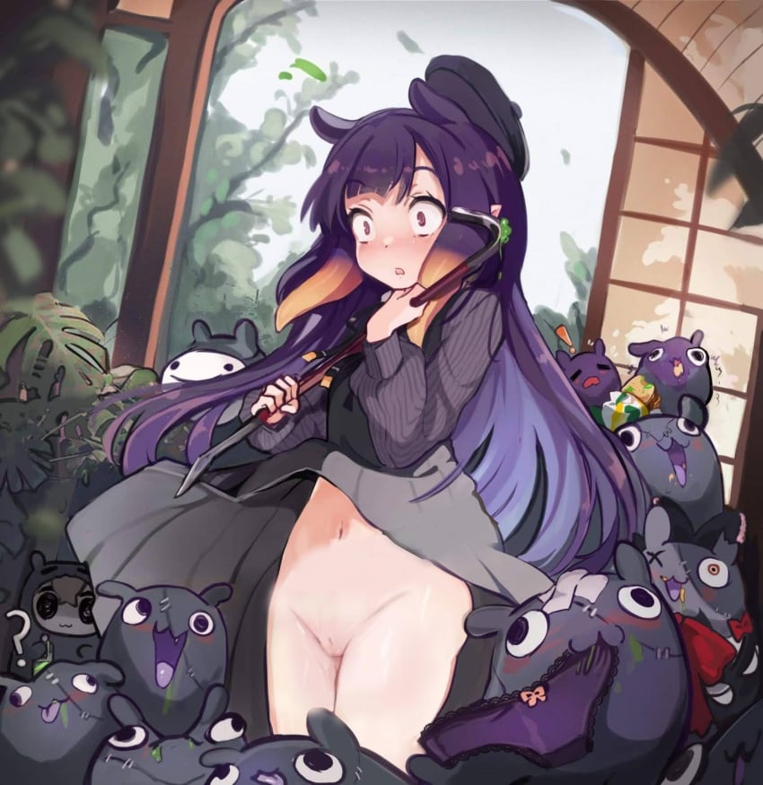 blur_censor censored crowbar edit edited exposed_pussy hololive hololive_english hololive_myth koahri ninomae_ina'nis no_panties panties purple_hair pussy surprised surprised_face virtual_youtuber