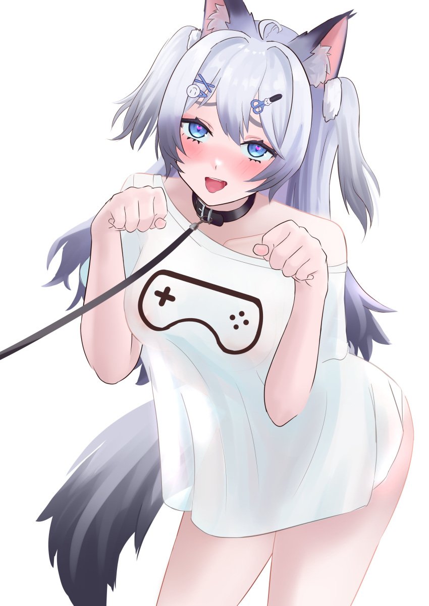 1girls animal_ears animal_tail begging_pose black_hair blue_eyes blush collar dog_collar dog_pose estebaneishon1 female female_focus female_only grey_hair highres indie_virtual_youtuber light-skinned_female light_skin long_hair looking_at_viewer paw_pose pigtails simple_background standing t-shirt tongue tongue_out two_tone_hair virtual_youtuber vtuber vtuberfanart white_background yukine_olwin