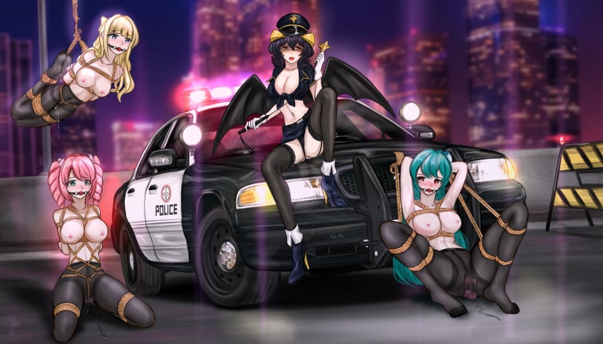 ball_gag bondage breasts cleavage exposed_breasts femdom gag gagged hanabishi_haruka hiiragi_utena large_breasts magia_baiser mahou_shoujo_ni_akogarete minakami_sayo noirmei panties police police_uniform policewoman riding_crop rope rope_bondage rope_harness spread_legs tenkawa_kaoruko thick_thighs thighs tied_up tights yuri