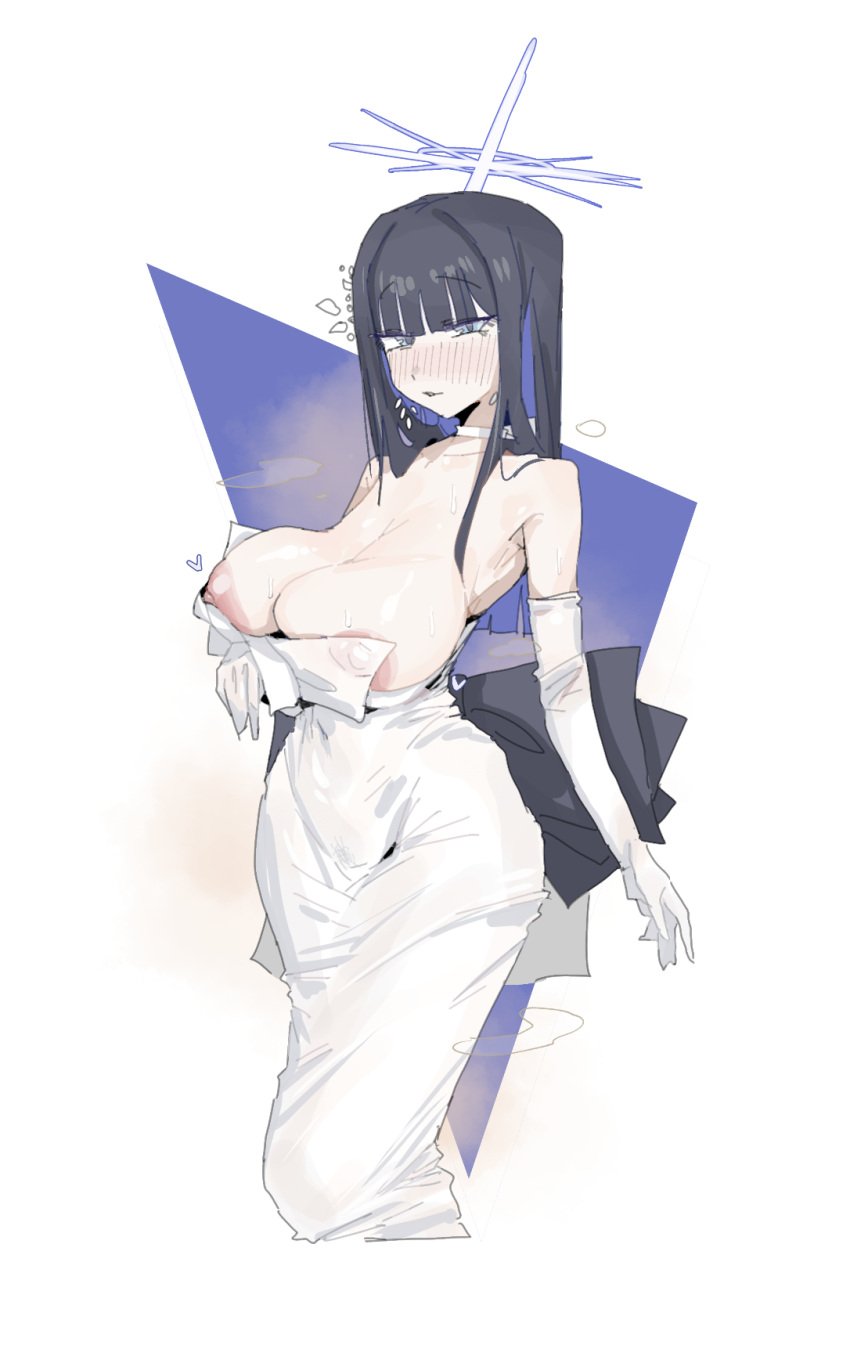 -through_clothing 1girl 1girls areolae areolae_peeking areolae_slip arius_satellite_school_student arius_squad_(blue_archive) back_bow bangs black_hair blue_archive blue_bow blue_eyes blue_hair blunt_bangs blush blush_lines breasts choker dress eyes_visible_through_hair female gloves hair_over_shoulder halo large_breasts leebongchun medium_hair nipple_bulge nipple_slip nipples nipples_visible_through_clothing saori_(blue_archive) saori_(dress)_(blue_archive) see see-through sidelocks skin_tight sleeve_gloves solo tight_clothing tight_dress white_choker white_dress white_gloves white_halo white_sleeves