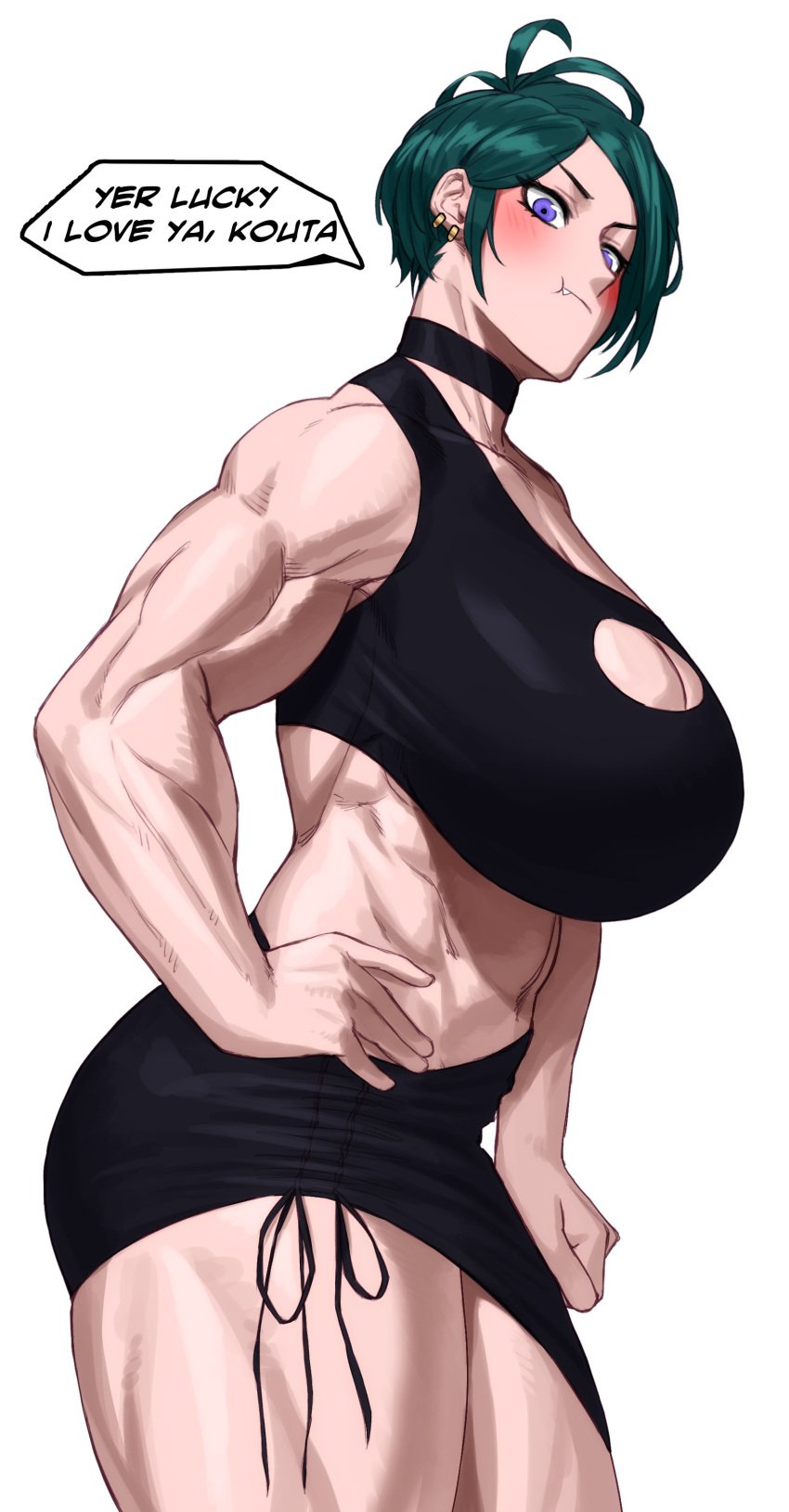 1girls big_breasts blush commission dialogue english_text female female_only green_hair looking_at_viewer muscles muscular muscular_female muscular_thighs pout purple_eyes short_hair side_view solo sotcho speech_bubble talking_to_viewer very_high_resolution white_background