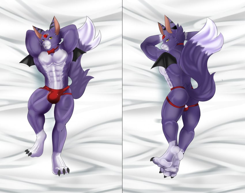 abs anthro ass bandai_namco bedding bedding_background bulge checkhoff claws clothing dakimakura_design dakimakura_pose digimon digimon_(species) dorumon dragon fur furred_dragon hi_res jockstrap male male_only muscular muscular_anthro muscular_male mythological_creature mythological_scalie mythology pecs purple_body purple_fur scalie solo underwear wings x-digimon