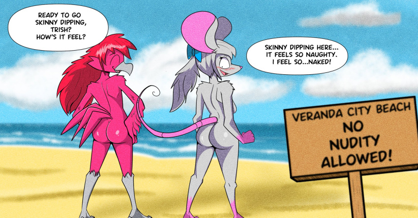 ass beach birbpan both_sexes_in_same_situation breasts english_text female femboy male nude pan_(birbpan) signpost tagme trish_(birbpan)