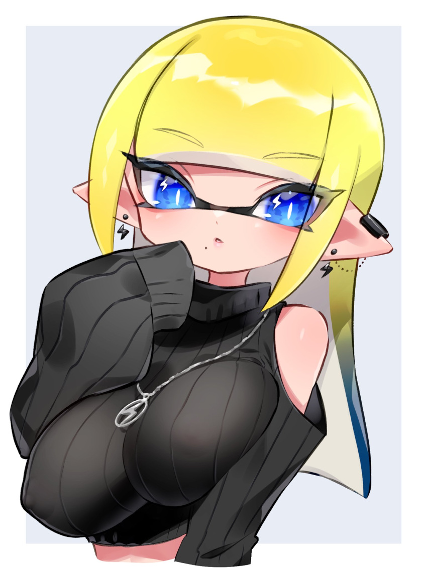 1girls bangs blue_eyes blunt_bangs breasts ear_piercing earrings female inkling inkling_girl long_hair looking_at_viewer necklace pointy_ears solo solo_female solo_focus splatoon splatoon_(series) sweater tentacle tentacle_hair turtleneck turtleneck_crop_top turtleneck_sweater upper_body vaz_999 yellow_hair