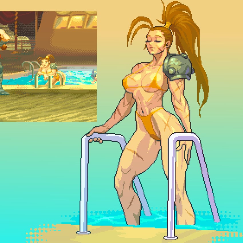 1girls alien_(franchise) alien_vs_predator big_breasts bikini breasts brown_hair busty capcom cleavage closed_eyes highres legs linn_kurosawa long_hair micro_bikini navel omegachaino pixel_art ponytail pool reference_image sensual smile swimsuit thick_thighs thighs thong_bikini toned water yellow_bikini