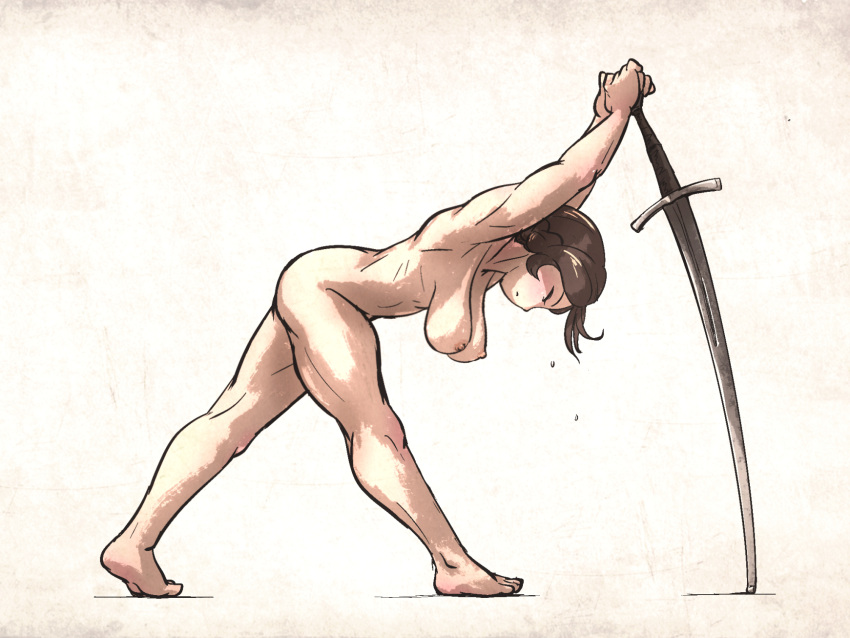 1girls ass barefoot breasts brown_eyes casual completely_nude female fighting_stance hanging_breasts holding_sword holding_weapon human instructor_waifu ironlily leaning_on_object light-skinned_female light_skin longsword muscular_female nude nudist pale_skin short_hair solo sweat sword vanishlily weapon