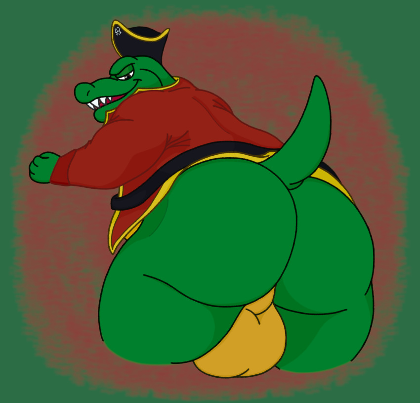 anthro ass backsack balls belt big_balls big_butt brown_eyes clothing coat crocodilian donkey_kong_(series) fist genitals gold_balls gold_trim green_body half-closed_eyes hi_res k_rool kremling looking_at_viewer looking_back male narrowed_eyes nintendo open_mouth perineum pirate_hat presenting presenting_hindquarters raised_tail reptile scalie smile smirk solo tail teeth tongue topwear waniiime_(artist)