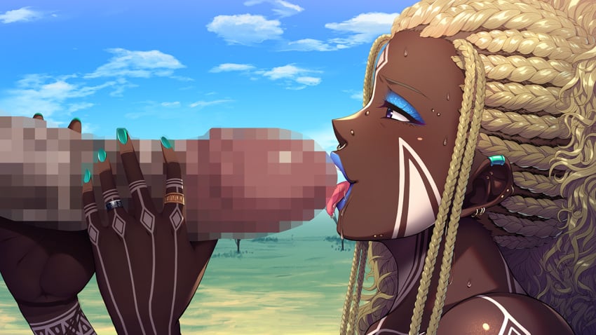 1boy aqua_nails blonde_hair blue_eyeshadow blue_lips blue_sky bodypaint breasts censored cloud cornrows dark-skinned_female dark_skin day ear_piercing earrings eyeshadow facepaint fellatio female from_side game_cg ganguro gyaru huge_breasts iki_sugi_ibunka_kouryuu_~seiso_hitozuma_ntr_ochi!~ inouenanaki jewelry licking licking_penis makeup mosaic_censoring non-web_source open_mouth oral outdoors penis penis_grab piercing ring sky solo_focus tongue tongue_out very_dark_skin yushima_mizuki