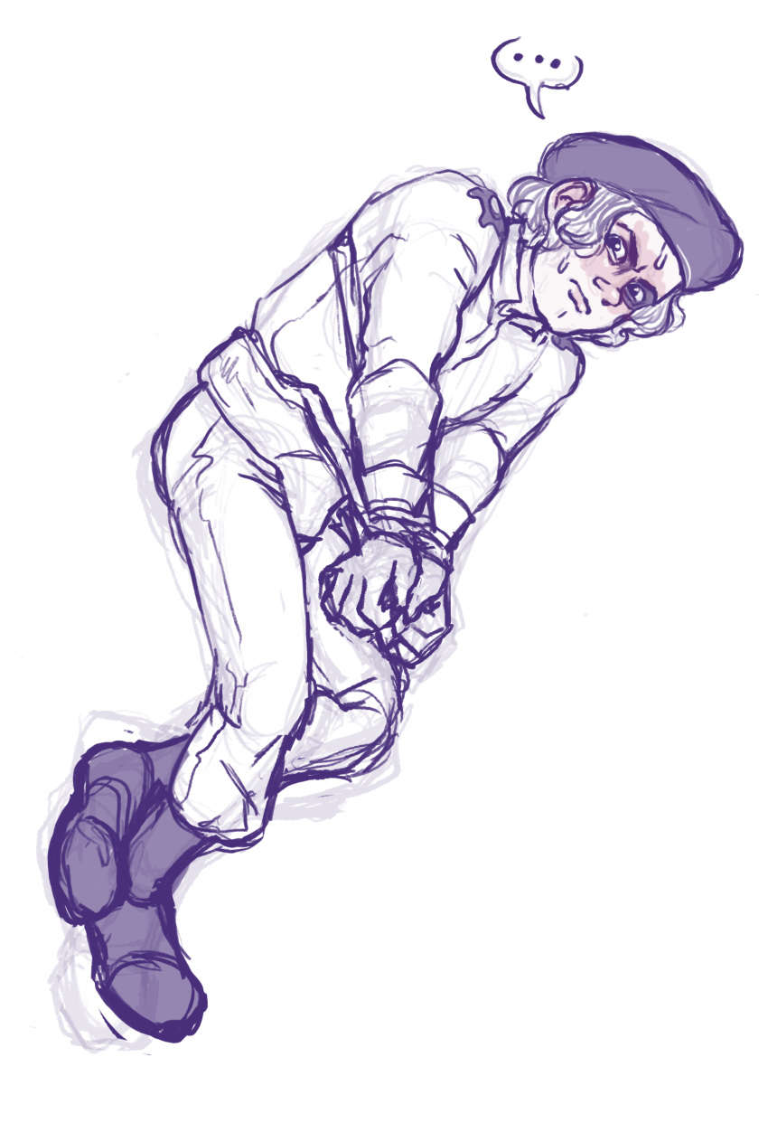 1boy a_clockwork_orange angry_face beret black_boots blank_background blush blushed_face boots clothed codpiece ear_blush hands_tied hands_tied_in_front hat long_sleeves pete_(a_clockwork_orange) sketch spandex sweat sweatdrop white_background white_clothing young younger_male