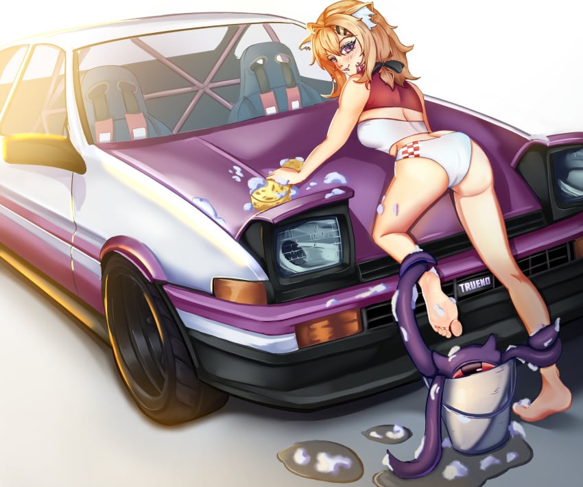 ae86 blonde_hair cat_ears cat_tail catgirl face_markings female red_eyes squchan_(vtuber) toyota_trueno virtual_youtuber vyugen