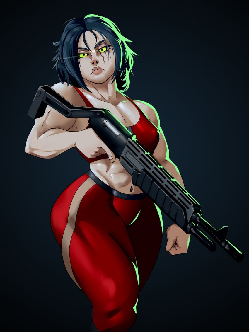 1girls 2024 abs black_background black_hair frown fully_clothed green_eyes gun hazuki_terashima holding_gun holding_weapon leggings looking_at_viewer midriff muscular muscular_female original_character scar scar_across_eye scars_on_face scarstuff sole_female solo solo_female spas-12 tank_top ych