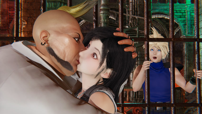 1girls 2boys bald black_hair cloud_strife don_corneo dungeon fat_man final_fantasy final_fantasy_vii honey_select honey_select_2 kissing netorare prison rape surprised tifa_lockhart ugly_man