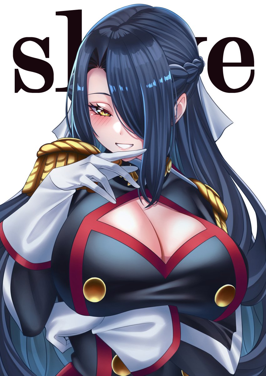 anti-demon_corps_uniform azuma_fubuki blue_hair braid braided_hair cleavage gloves hair_over_one_eye hair_ribbon large_breasts long_hair mato_seihei_no_slave mature mature_female mature_woman milf smile smiling wanzi_(99wanzi99) white_gloves yellow_eyes