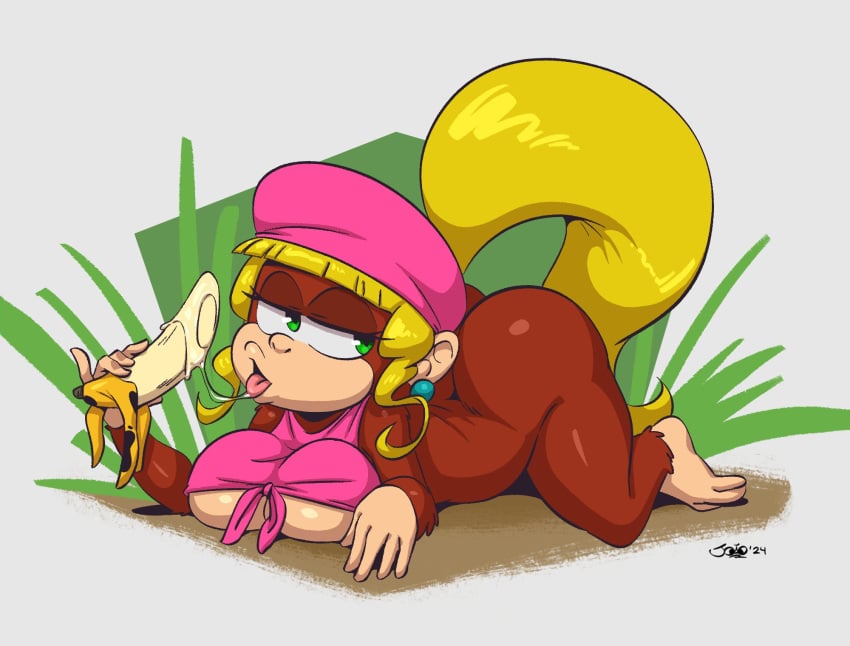 1girls anthro ass banana bangs blonde_hair blunt_bangs bubble_butt dixie_kong donkey_kong_(series) donkey_kong_country earrings female female_only green_eyes hi_res joaoppereiraus long_hair looking_at_viewer lying lying_on_stomach mammal monkey monkey_girl narrowed_eyes nintendo ponytail primate saliva_trail solo underboob