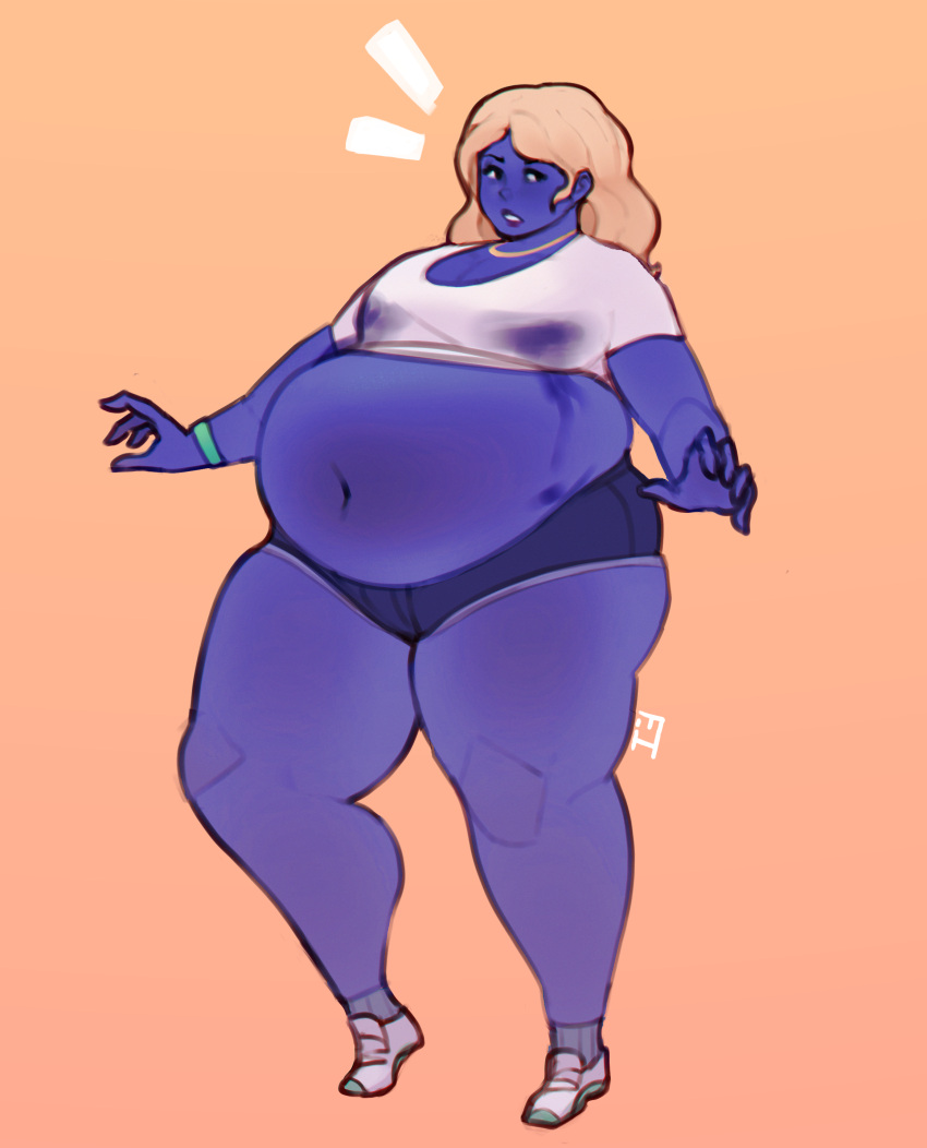 1girls ass_expansion belly_expansion big_ass big_belly big_breasts big_thighs blonde_hair blue_skin blueberry_inflation breast_expansion cleavage denim_shorts expansion ferrousingot inflation lactating_juice lactation lactation_through_clothes long_hair white_shirt