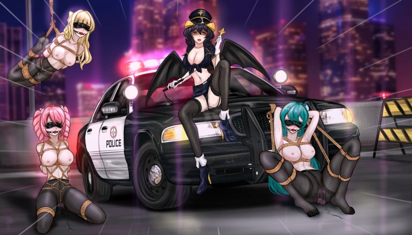 ball_gag blindfold blindfolded bondage breasts cleavage dildo dildo_in_ass dildo_in_pussy exposed_breasts femdom gag gagged hanabishi_haruka hiiragi_utena large_breasts magia_baiser mahou_shoujo_ni_akogarete minakami_sayo noirmei panties police police_uniform policewoman riding_crop rope rope_bondage rope_harness sex_toy spread_legs tenkawa_kaoruko thick_thighs thighs tied_up tights yuri