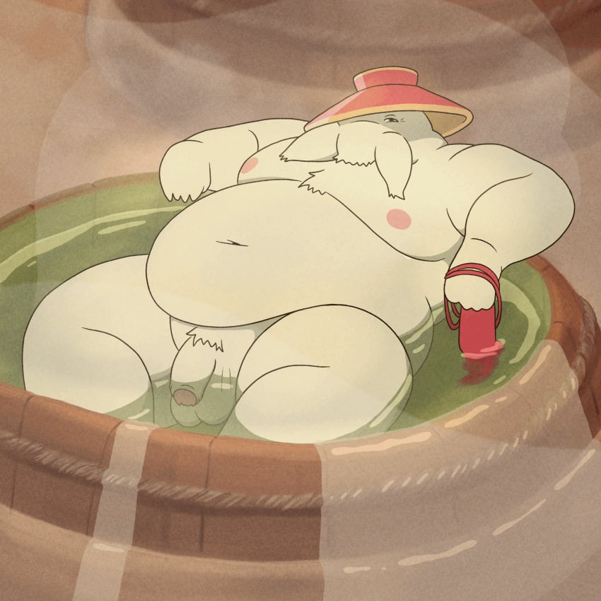 animated balls bath bathtub belly bodily_fluids food furry genitals ghibli hi_res hot_tub humanoid inkyflush male male/male moobs musk musk_clouds overweight overweight_male penis plant radish radish_spirit solo soup spirited_away sweat sweatdrop vegetable water