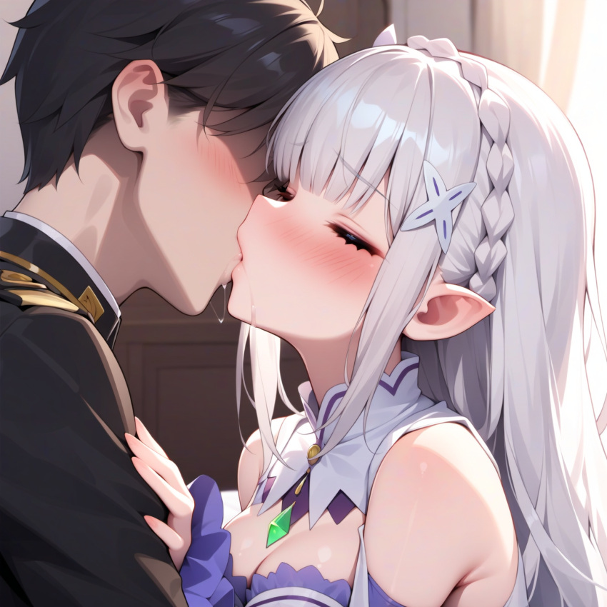 ai_generated black_hair blush commander_(nikke) emilia_(re:zero) eyes eyes_closed fully_clothed goddess_of_victory:_nikke hands_out_of_frame holding holding_female kiroyan kiss kissing making_out re:zero_kara_hajimeru_isekai_seikatsu shoulders tagme white_hair