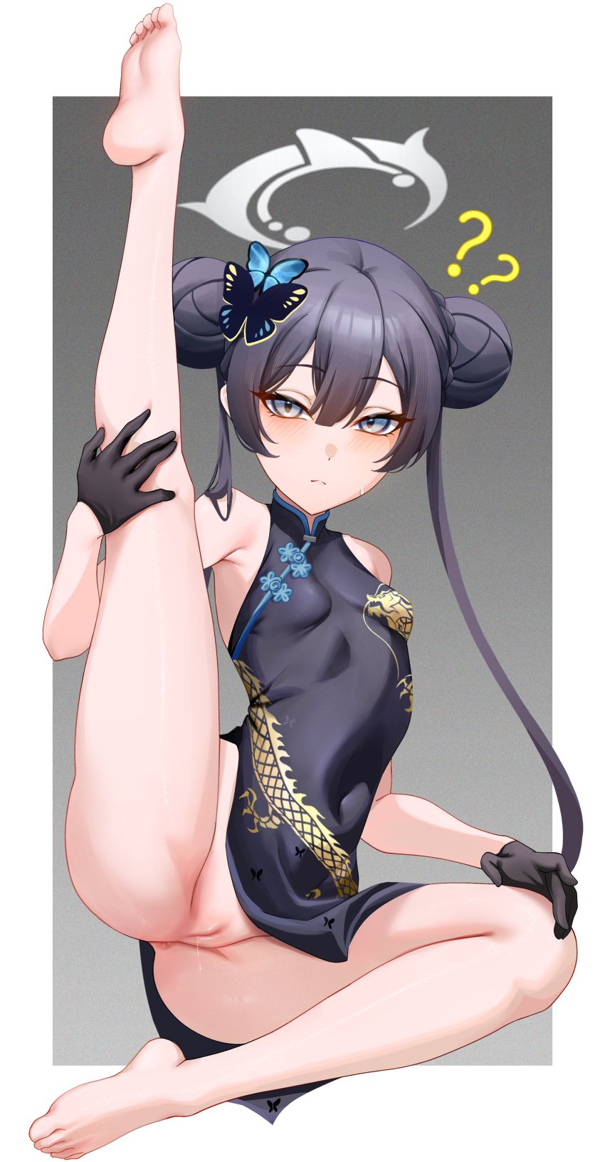 ? ?? absurdres aki_yama73 anus bare_legs bare_shoulders barefoot black_dress black_gloves black_hair blue_archive blush braid braided_bun breasts butterfly_hair_ornament china_dress chinese_clothes commentary_request covered_navel double_bun dragon_print dress feet female flexible full_body gloves grey_eyes grey_halo hair_between_eyes hair_bun hair_ornament halo highres kisaki_(blue_archive) leg_lift leg_up legs long_hair looking_at_viewer no_panties pelvic_curtain print_dress pussy pussy_juice revision simple_background sleeveless small_breasts soles solo split spread_legs thighs toes twintails uncensored