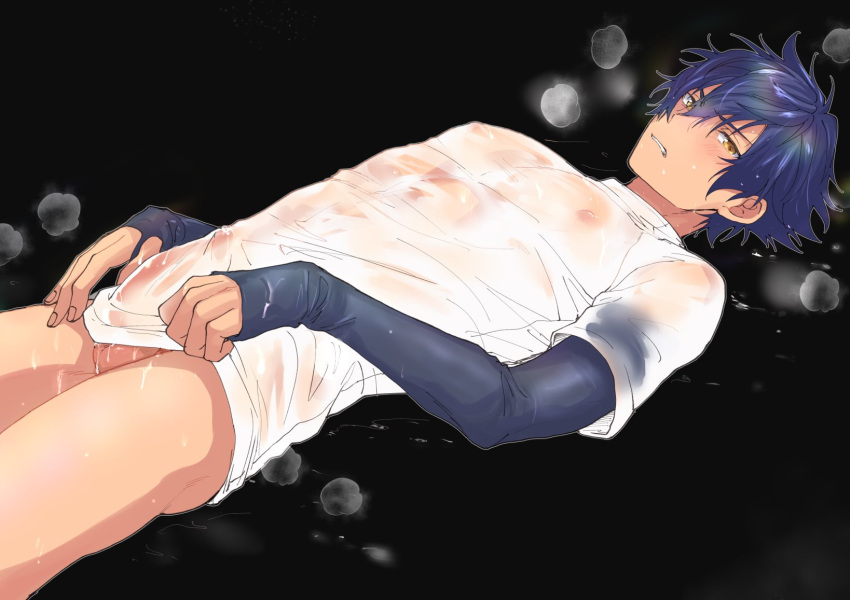 1boy ass biting_own_lip blush bulge embarrassed ensemble_stars! erection from_side frown hair_between_eyes highres long_sleeves looking_at_viewer male_focus masculine nipples parted_lips sazanami_jun shirt shirt_grab short_hair simple_background solo solo_male steam teeth testicles thighs toroi_(run01211) upper_teeth_only wet wet_clothes wet_shirt