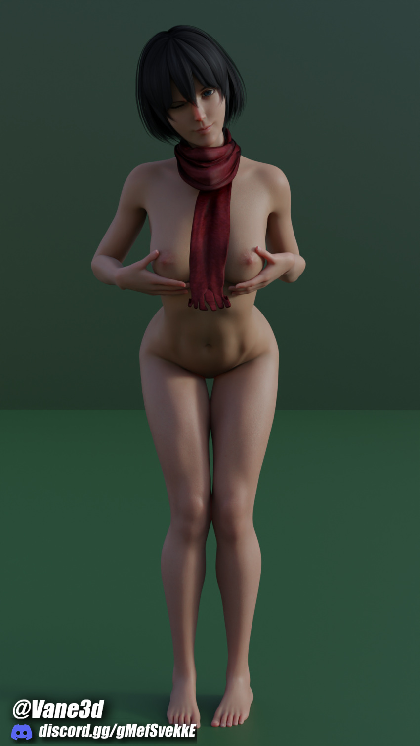 3d 3d_model attack_on_titan black_hair breast_grab breast_squeeze breasts breasts breasts feet female female_focus female_only groping groping_breasts mikasa_ackerman nude nude_female scarf solo_female vane3d