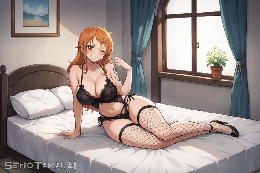 1girls ai_generated bare_arms bare_legs bare_shoulders bare_thighs bed big_breasts blush bra clothed clothing color female female_focus female_only hi_res large_breasts light-skinned_female light_skin lingerie long_hair looking_at_viewer nami nami_(one_piece) on_bed one_piece orange_eyes orange_hair panties post-timeskip senotakai_ai shounen_jump solo solo_female tagme thick_thighs underwear