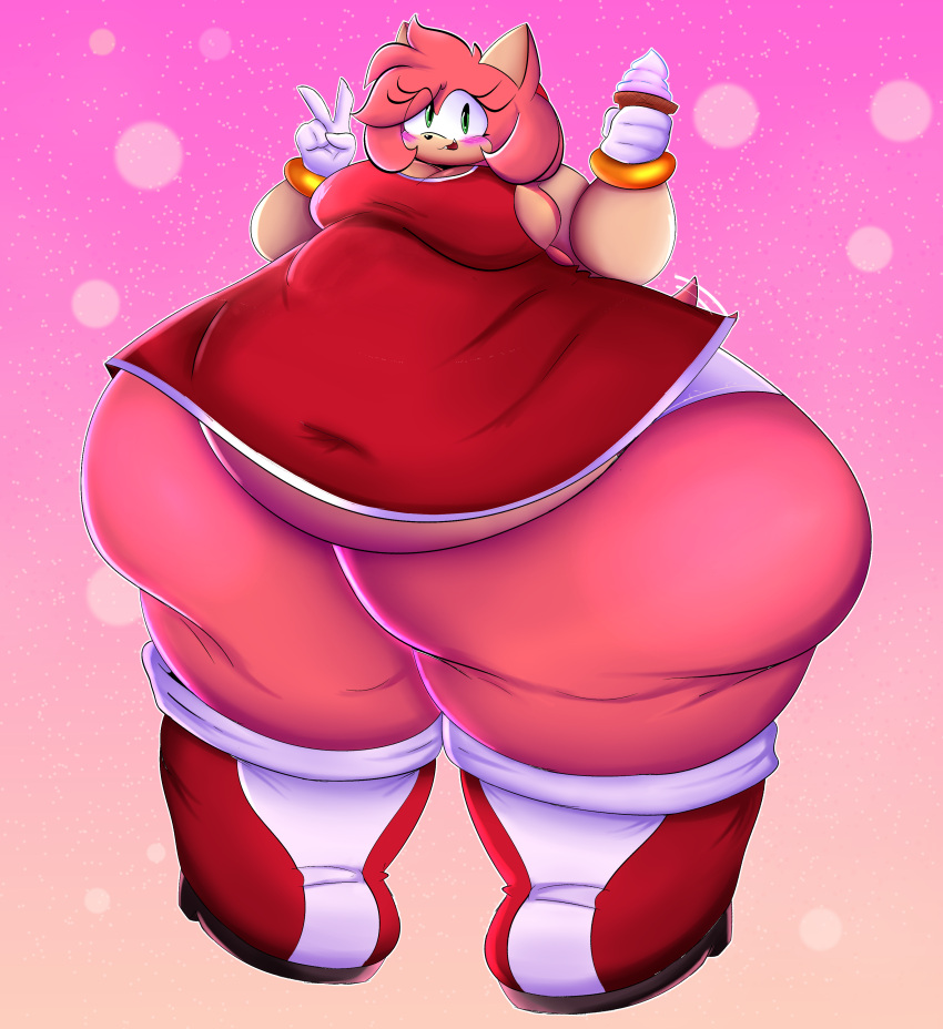 1girls amy_rose ass belly boots bracelet breasts cleavage dress eyelashes eyelashes_visible_through_hair fat female female_focus female_only gloves green_eyes hairband hedgehog hedgehog_humanoid hips huge_belly hyper hyper_ass ice_cream large_ass large_breasts overweight overweight_female panties peace_sign pink_hair s0ftpudding sega sonic_(series) sonic_the_hedgehog_(series) stomach thick_thighs thighs thunder_thighs underwear wide_hips