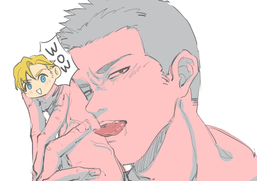 2boys :< ao_isami black_hair blonde_hair blush bon_(bon_741) couple english_text facial_hair fellatio highres lewis_smith licking licking_penis looking_at_viewer male_focus medium_sideburns multiple_boys muted_color oral penis pov pov_crotch saliva sideburns_stubble stubble thick_eyebrows toned toned_male tongue tongue_out yaoi yuuki_bakuhatsu_bang_bravern