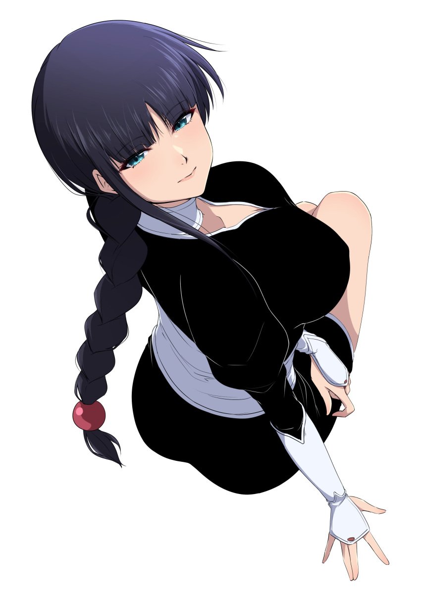 1girls absurdres ass ass_focus beads big_ass black_hair black_skirt bleach blunt_bangs braid breasts breasts_focus cleavage commentary_request full_body green_eyes hair_beads hair_ornament highres kurotsuchi_nemu large_breasts legs long_hair looking_at_viewer miniskirt nipple_bulge nishizuki_shino purple_hair simple_background sitting skirt smile solo very_long_hair viewed_from_behind