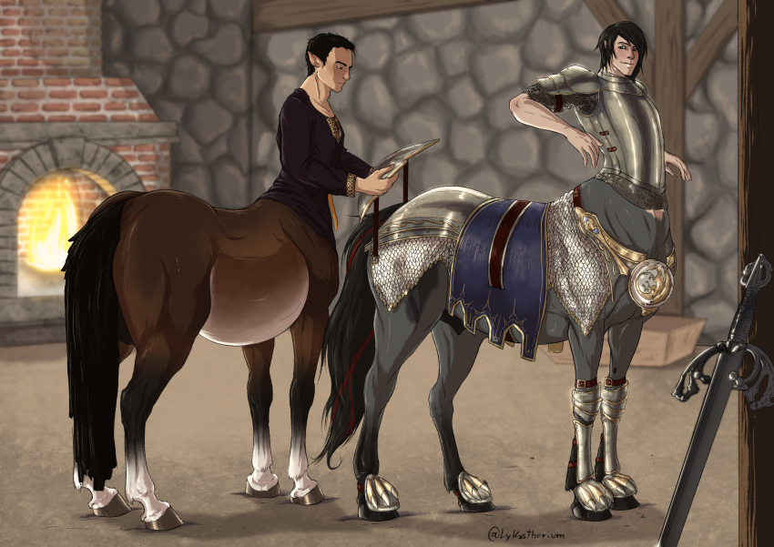 absurd_res animal_genitalia animal_genitalia_on_humanoid armor backsack balls blacksmith centaur duo equid equid_taur equine fireplace fully_sheathed genitals hi_res hooves horsecock_on_humanoid humanoid_pointy_ears humanoid_taur inside lykostherium male male_only male_taur mammal mammal_taur melee_weapon quadruped sheath sword tail taur unguligrade weapon