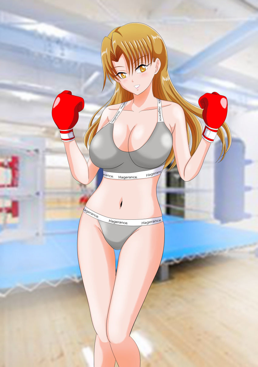 1girls big_breasts blonde_hair boxing boxing_gloves boxing_ring breasts busty cleavage female female_only highres large_breasts legs long_hair looking_at_viewer midriff navel original original_character panties parted_lips pink_lips red_boxing_gloves red_gloves smile solo sports_bra thighs underwear yellow_eyes yellow_iris