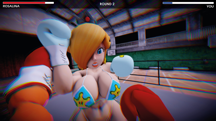 1boy 1girls 3d 3d_(artwork) about_to_punch_you angry big_breasts big_hips big_thighs bikini blue_eyes boxing boxing_gloves boxing_ring breasts cleavage clenched_teeth crown curvy curvy_female cyan_bikini cyan_boxing_gloves cyan_gloves earrings female female_focus fight fighting_ring gameplay_mechanics gloves hair_over_one_eye hud indoors light-skinned_female light-skinned_male light_skin lips male male_pov mario_(series) mmd nintendo part_of_a_set peach_lips platinum_blonde_hair pov pov_male princess princess_rosalina red_boxing_gloves red_gloves shoving_arm shoving_hand thick thick_hips thick_thighs thighs ultimabox wide_hips